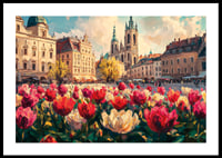Plagát historických budov a more farebných tulipánov, ktoré žiaria na jarnom slnku-0