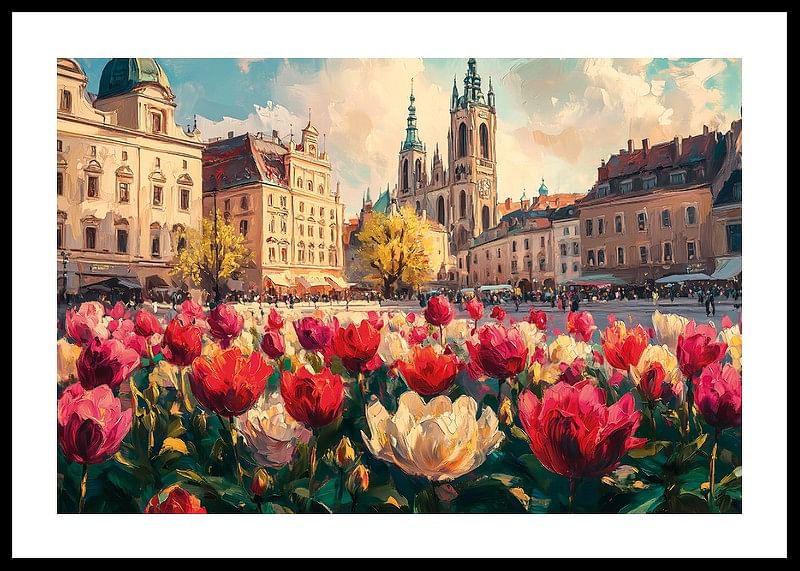 Un afiș cu clădiri istorice și o mare de lalele colorate care strălucesc în soarele de primăvară-12