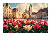 Un afiș cu clădiri istorice și o mare de lalele colorate care strălucesc în soarele de primăvară-1