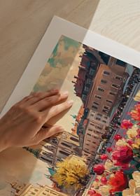 Un afiș cu clădiri istorice și o mare de lalele colorate care strălucesc în soarele de primăvară-5