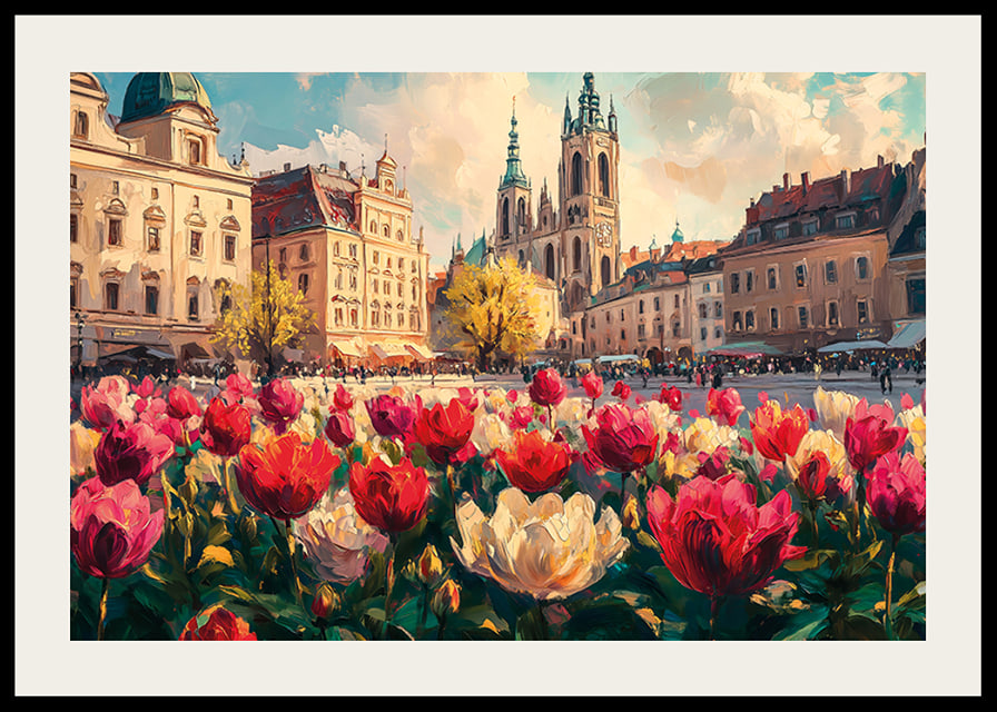 Plagát historických budov a more farebných tulipánov, ktoré žiaria na jarnom slnku-12