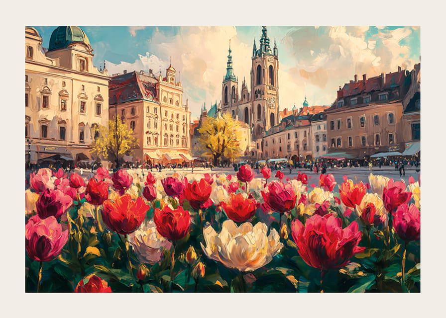 A poster of historic buildings and a sea of ​​colorful tulips that shine in the spring sun-12