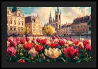 Plagát historických budov a more farebných tulipánov, ktoré žiaria na jarnom slnku-4