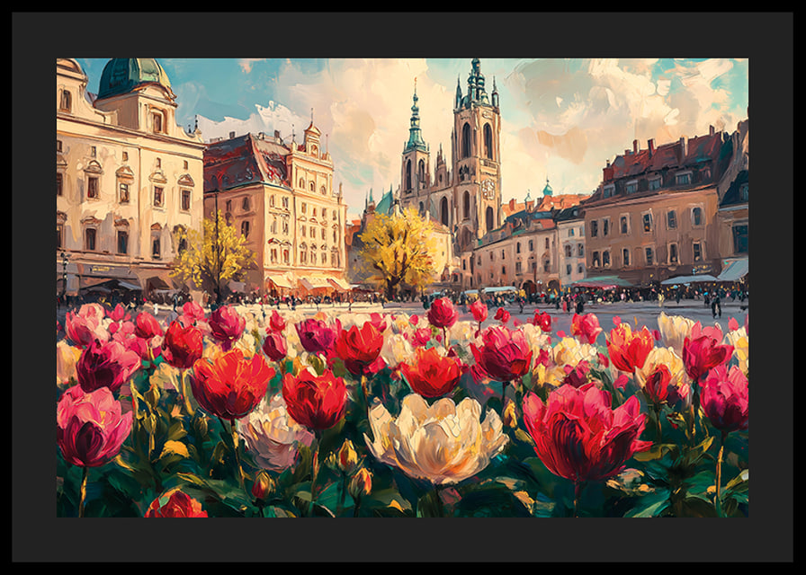Plagát historických budov a more farebných tulipánov, ktoré žiaria na jarnom slnku-12