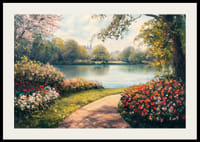 A poster with a flowery path leading to a mirror-like lake surrounded by the colors of spring-2