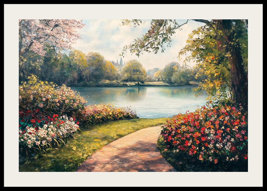 A poster with a flowery path leading to a mirror-like lake surrounded by the colors of spring-12