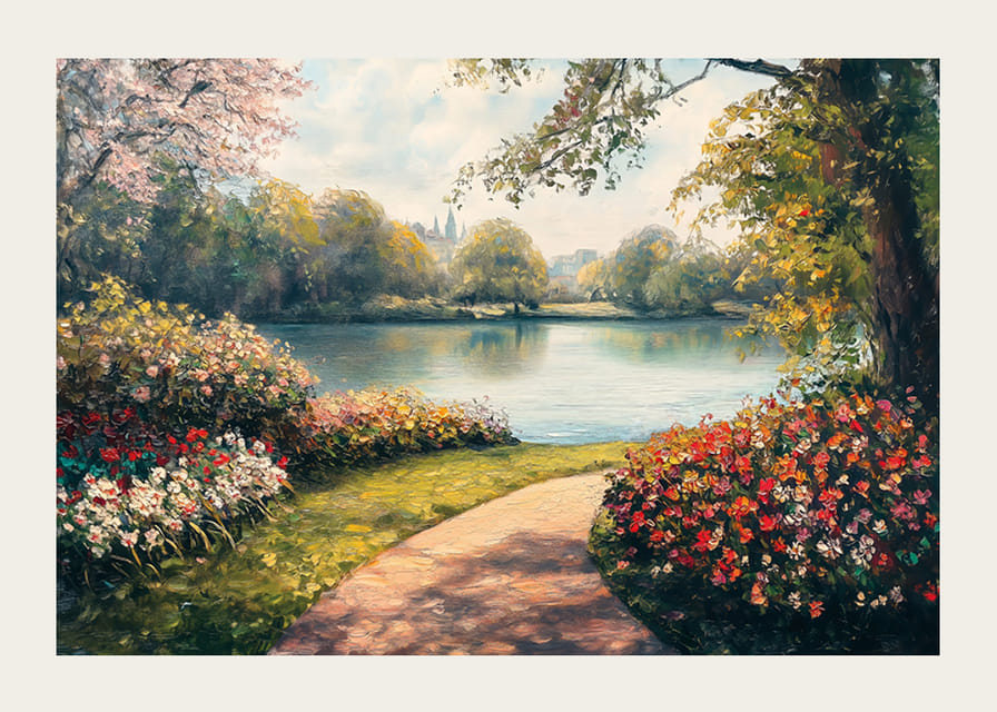A poster with a flowery path leading to a mirror-like lake surrounded by the colors of spring-12