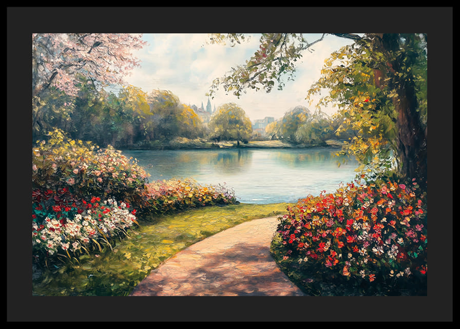 A poster with a flowery path leading to a mirror-like lake surrounded by the colors of spring-12