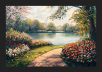 A poster with a flowery path leading to a mirror-like lake surrounded by the colors of spring-5