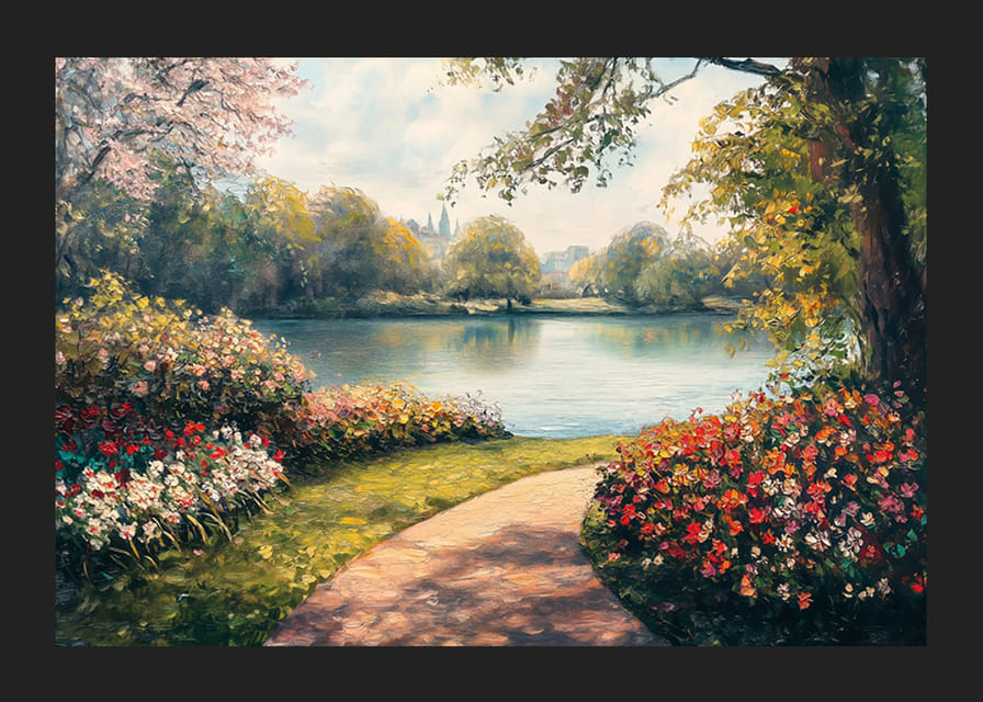 A poster with a flowery path leading to a mirror-like lake surrounded by the colors of spring-12