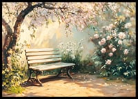 A poster with a sunlit bench under flowering trees and surrounded by spring greenery-6