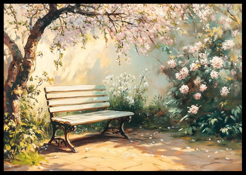 A poster with a sunlit bench under flowering trees and surrounded by spring greenery-12
