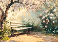 A poster with a sunlit bench under flowering trees and surrounded by spring greenery-7