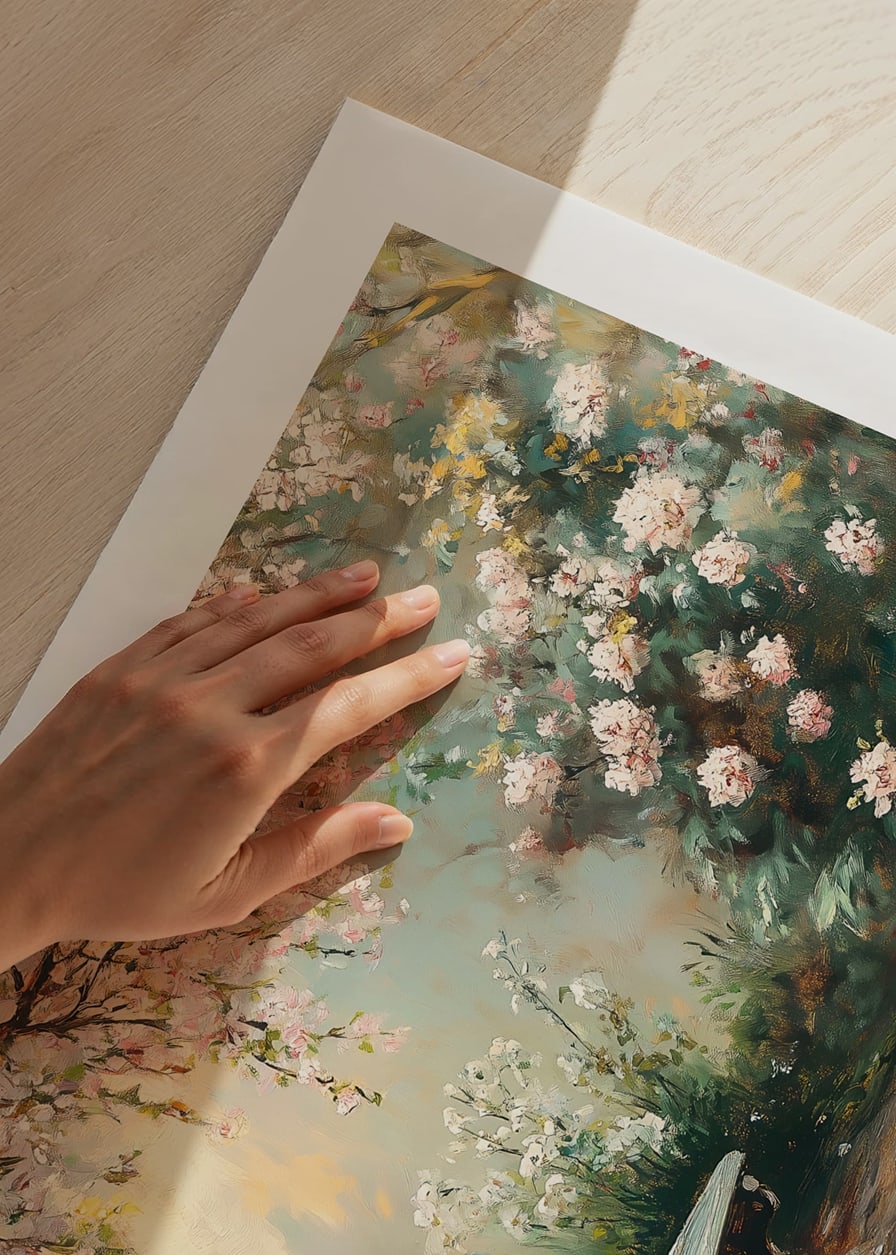 A poster with a sunlit bench under flowering trees and surrounded by spring greenery-12