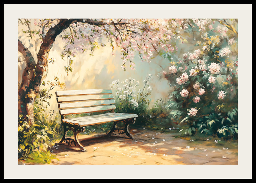 En poster med en solbelyst bänk under blommande träd och omgiven av vårens grönska-12