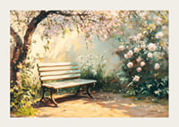 A poster with a sunlit bench under flowering trees and surrounded by spring greenery-3
