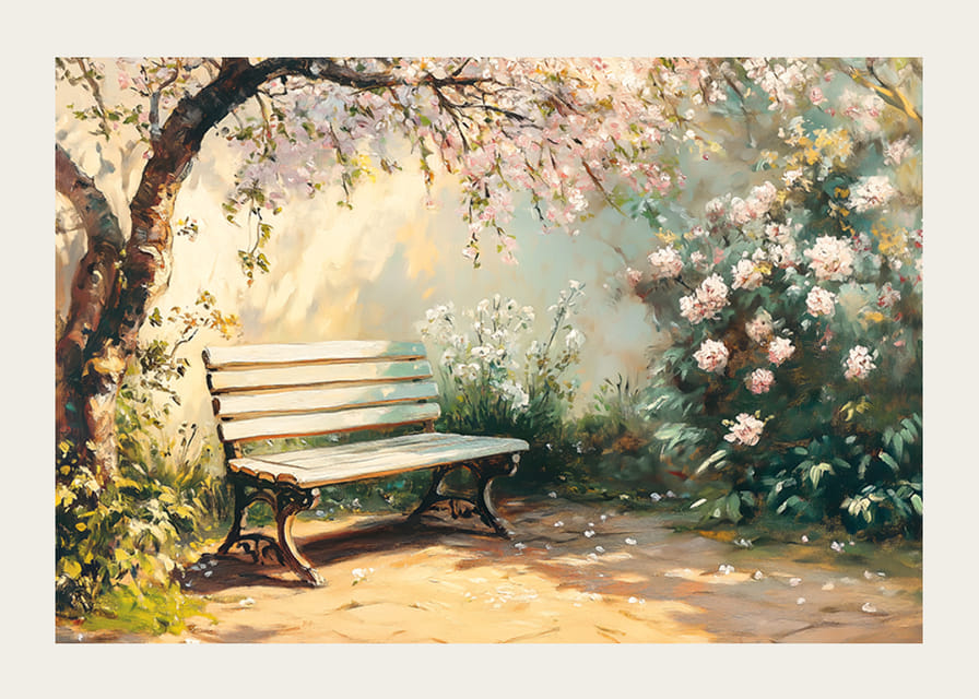 En poster med en solbelyst bänk under blommande träd och omgiven av vårens grönska-12