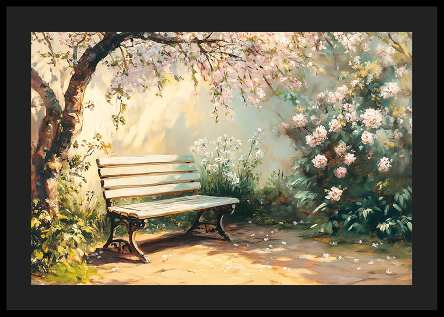 En poster med en solbelyst bänk under blommande träd och omgiven av vårens grönska-12