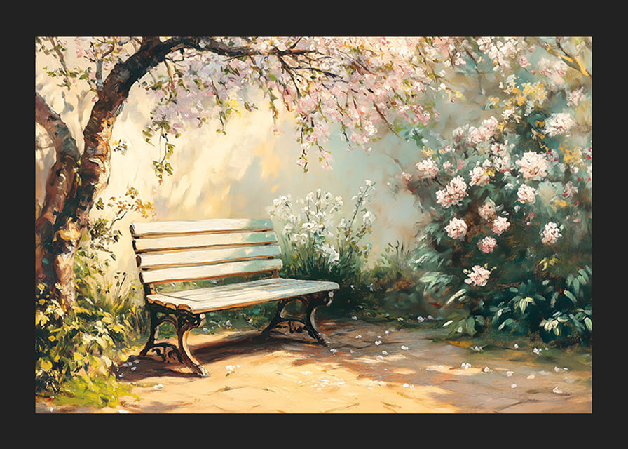 A poster with a sunlit bench under flowering trees and surrounded by spring greenery-12