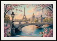 En poster av Paris med Eiffeltornet, körsbärsblommor och Seine i ett drömlikt gyllene ljus-2