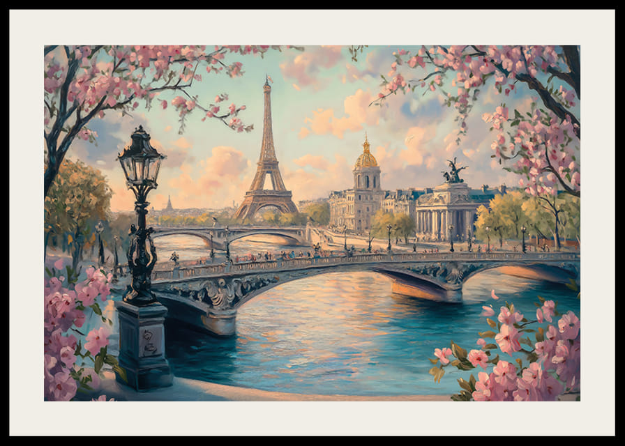 En poster av Paris med Eiffeltornet, körsbärsblommor och Seine i ett drömlikt gyllene ljus-12