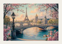 En poster av Paris med Eiffeltornet, körsbärsblommor och Seine i ett drömlikt gyllene ljus-3