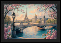 En poster av Paris med Eiffeltornet, körsbärsblommor och Seine i ett drömlikt gyllene ljus-4