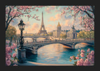 En poster av Paris med Eiffeltornet, körsbärsblommor och Seine i ett drömlikt gyllene ljus-5