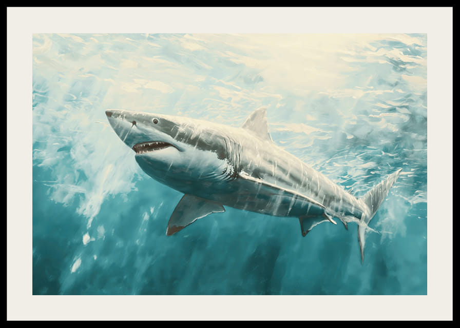 En plakat av en majestetisk hvithai som svømmer gjennom de sollyse dypet-12