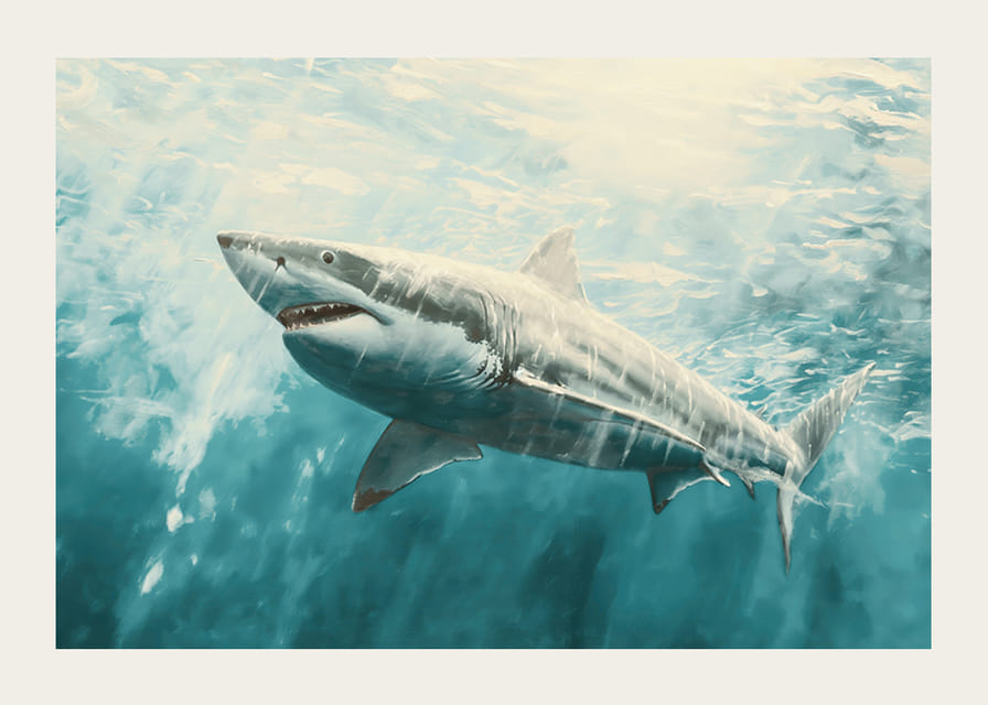 En plakat av en majestetisk hvithai som svømmer gjennom de sollyse dypet-12