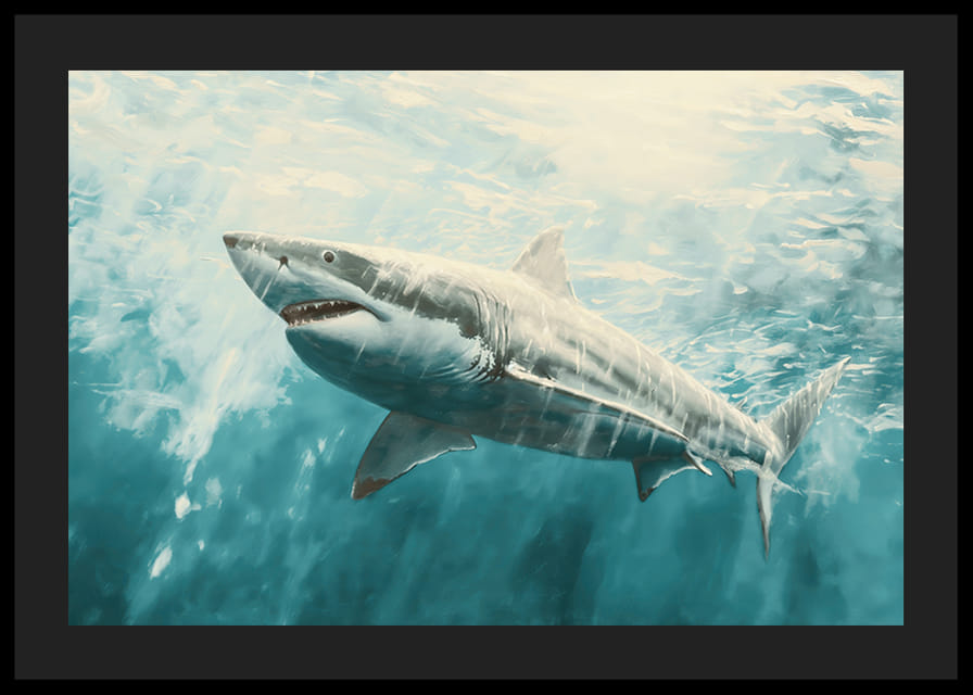En plakat av en majestetisk hvithai som svømmer gjennom de sollyse dypet-12