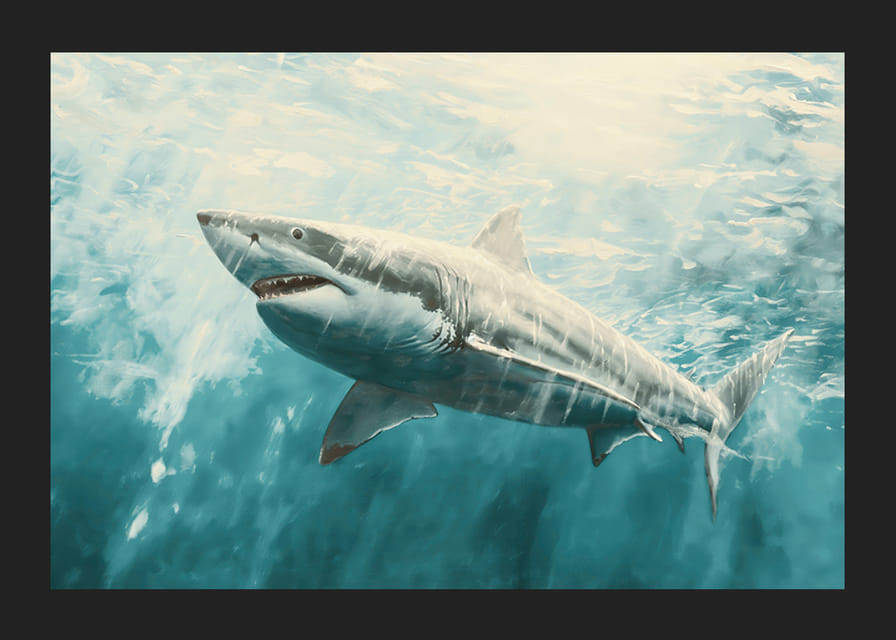 En plakat av en majestetisk hvithai som svømmer gjennom de sollyse dypet-12