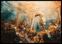 A poster of a golden seahorse floating through a sunlit underwater landscape-6