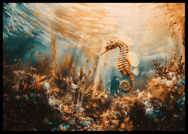 A poster of a golden seahorse floating through a sunlit underwater landscape-12