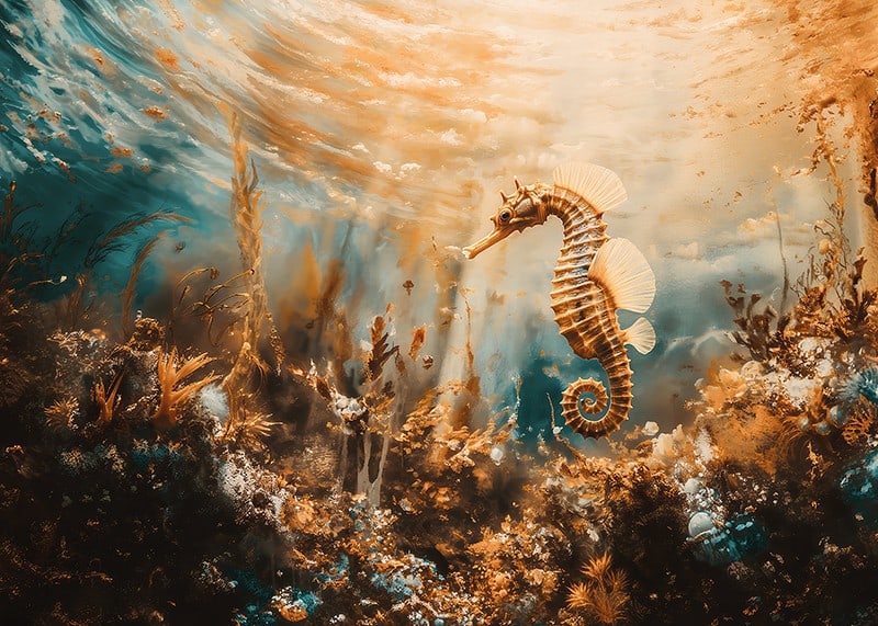 A poster of a golden seahorse floating through a sunlit underwater landscape-12