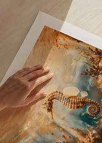 A poster of a golden seahorse floating through a sunlit underwater landscape-9