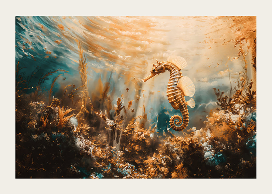 A poster of a golden seahorse floating through a sunlit underwater landscape-12