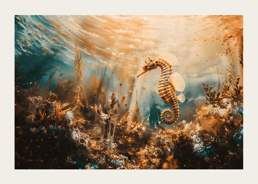 En plakat av en gyllen sjøhest som flyter gjennom et solbelyst undervannslandskap-12
