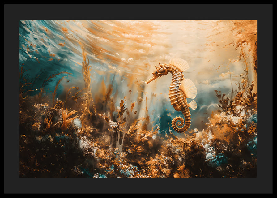 En plakat av en gyllen sjøhest som flyter gjennom et solbelyst undervannslandskap-12
