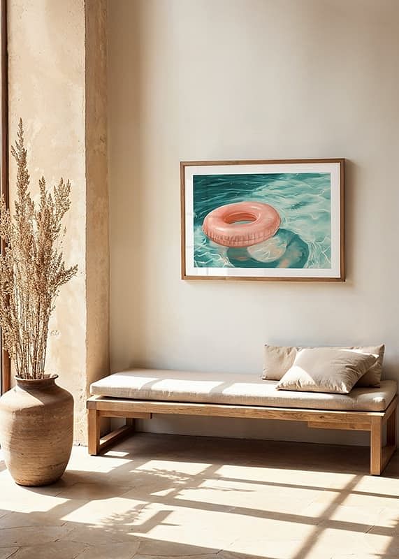 A poster featuring a soft pink-toned swim ring floating on crystal clear water-12