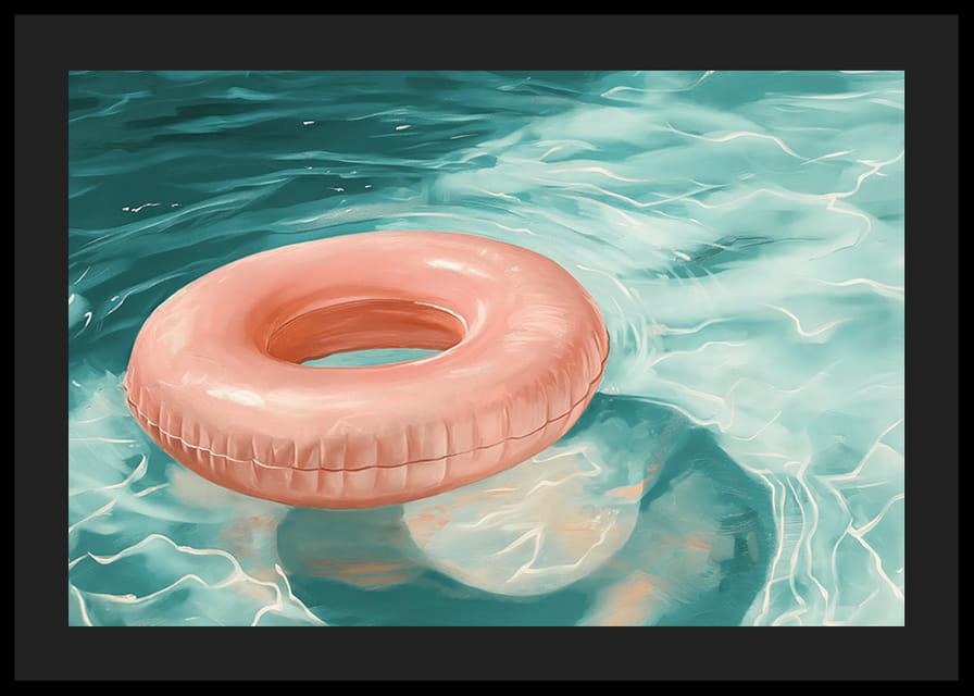 Poszter, amelyen egy puha rózsaszín tónusú úszógyűrű látható, amely kristálytiszta vízen lebeg-12