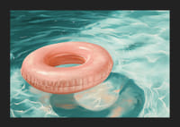 Poszter, amelyen egy puha rózsaszín tónusú úszógyűrű látható, amely kristálytiszta vízen lebeg-5