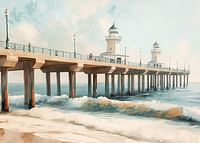 A poster of a beautiful pier with a lighthouse extending into the sea-3