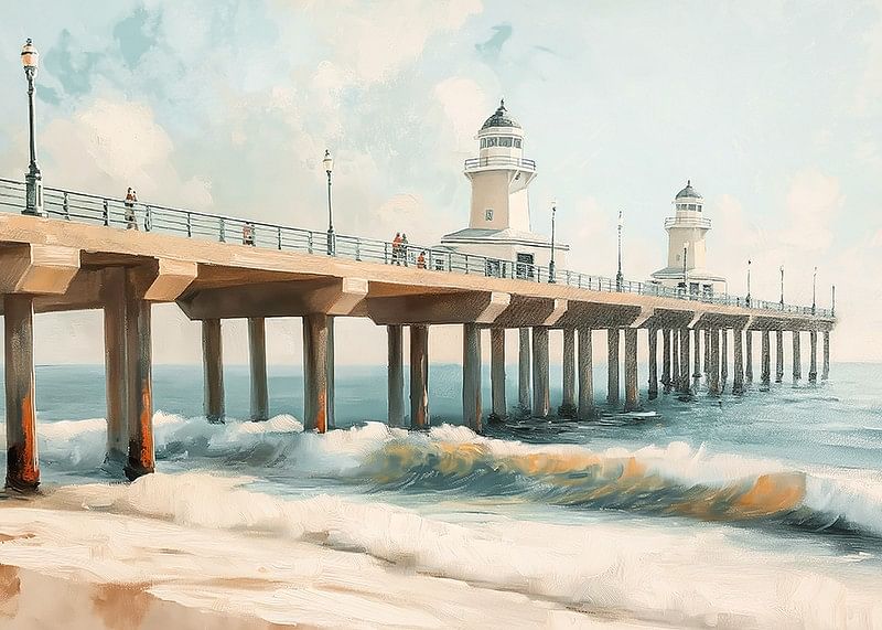 A poster of a beautiful pier with a lighthouse extending into the sea-12