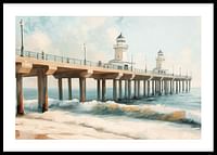 A poster of a beautiful pier with a lighthouse extending into the sea-0