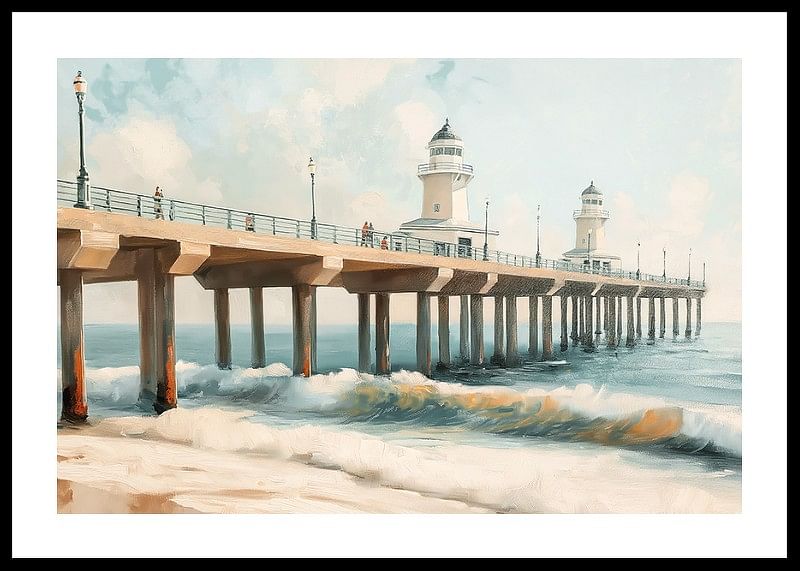 A poster of a beautiful pier with a lighthouse extending into the sea-12