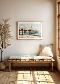 A poster of a beautiful pier with a lighthouse extending into the sea-4