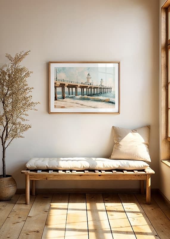 A poster of a beautiful pier with a lighthouse extending into the sea-12