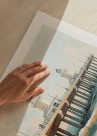 A poster of a beautiful pier with a lighthouse extending into the sea-5