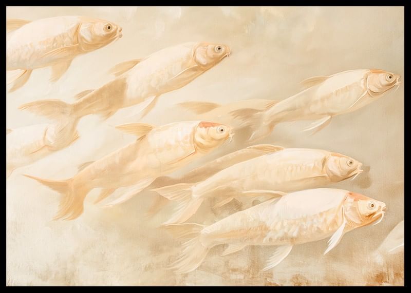A poster with soft, golden fish in motion, creating a sense of calm and balance.-12